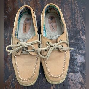 Tan Suede Boat Shoes with Plaid Lining